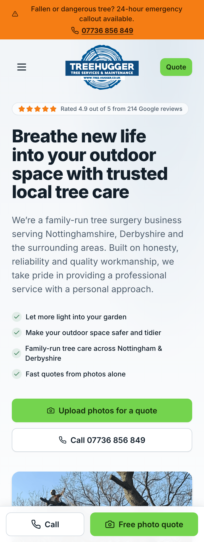 The Tree Hugger & Son homepage on a phone, with the call and photo quote buttons fixed at the bottom