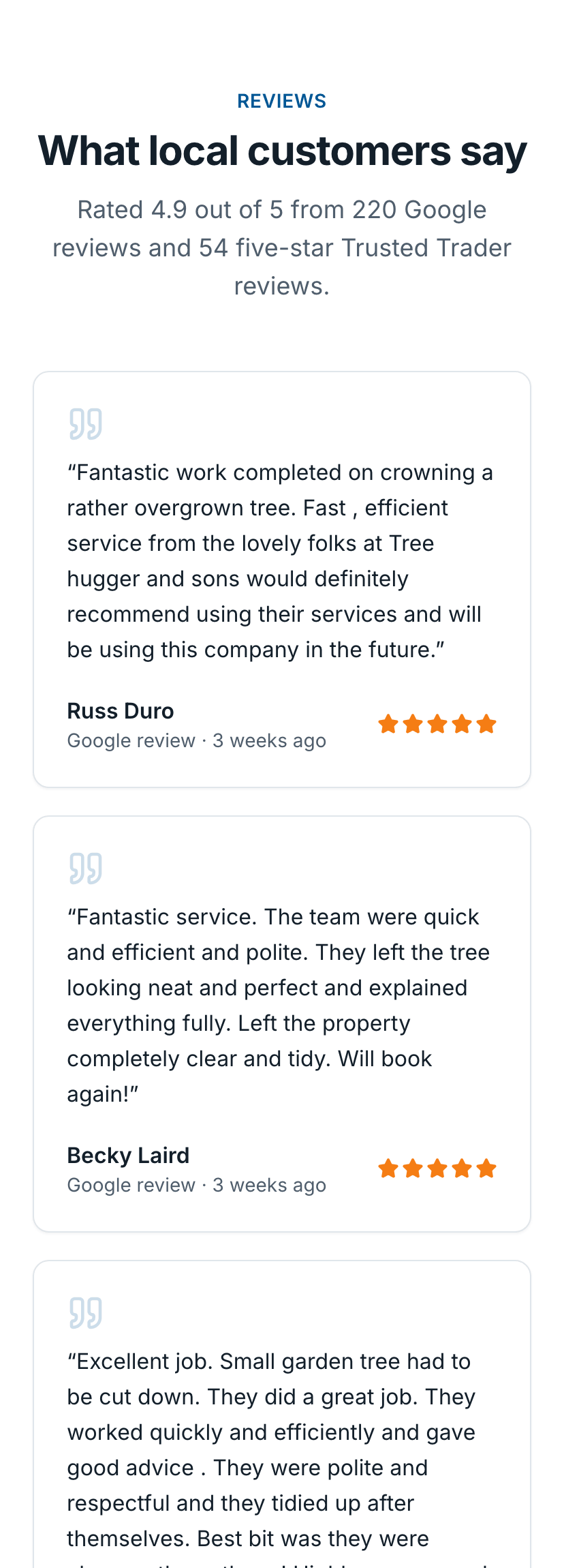 The reviews section: rated 4.9 out of 5 from 220 Google reviews and 54 five-star Trusted Trader reviews, with customers' own words