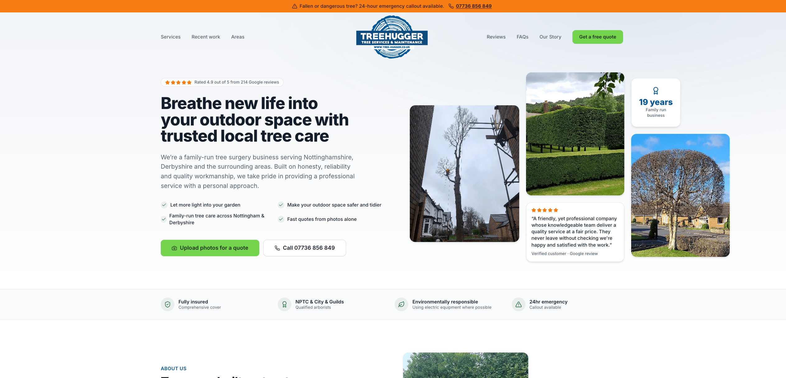 The Tree Hugger & Son homepage, with the emergency callout bar and the free photo quote button